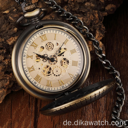 Vintage Holz Kreis geschnitzte Nummer Zifferblatt mechanische Taschenuhr Männer einzigartige hohle Steampunk Bronze mechanische Uhr Uhrenkette